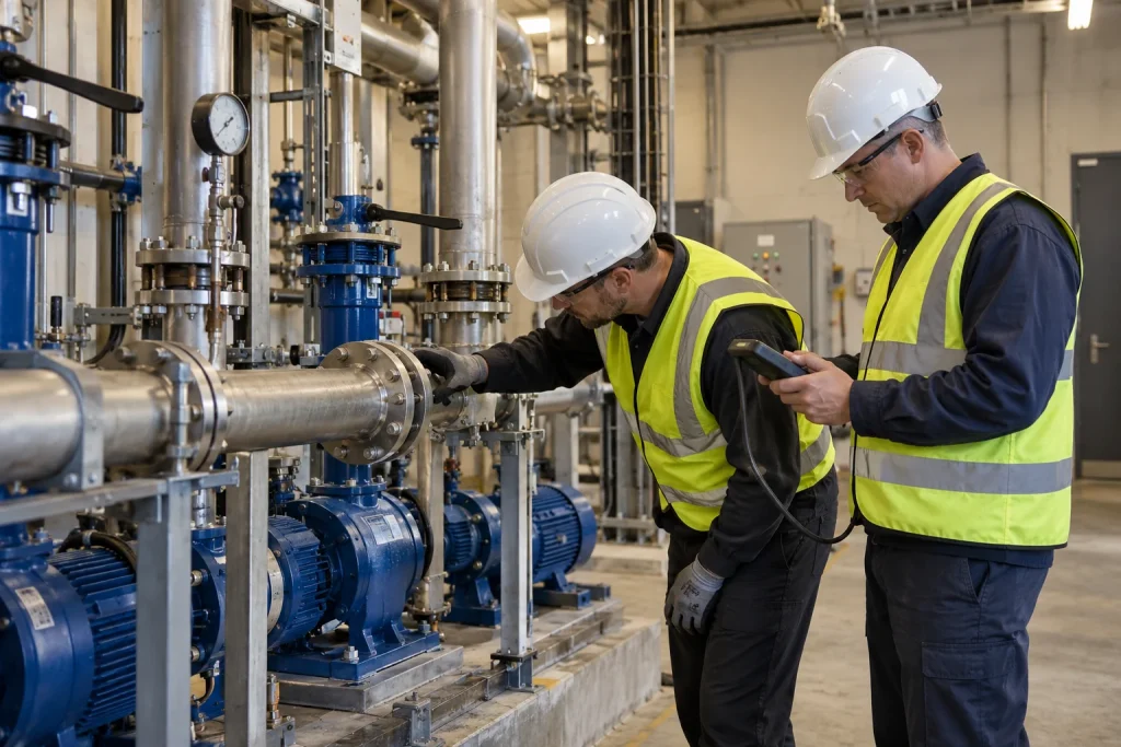 Illustrative field engineers reviewing pump equipment